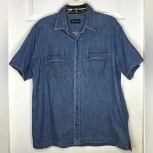 Men ROCHAS Jeans Blue Denim Button Up S/s Leather Patch Shirt Sz Large? EUC
